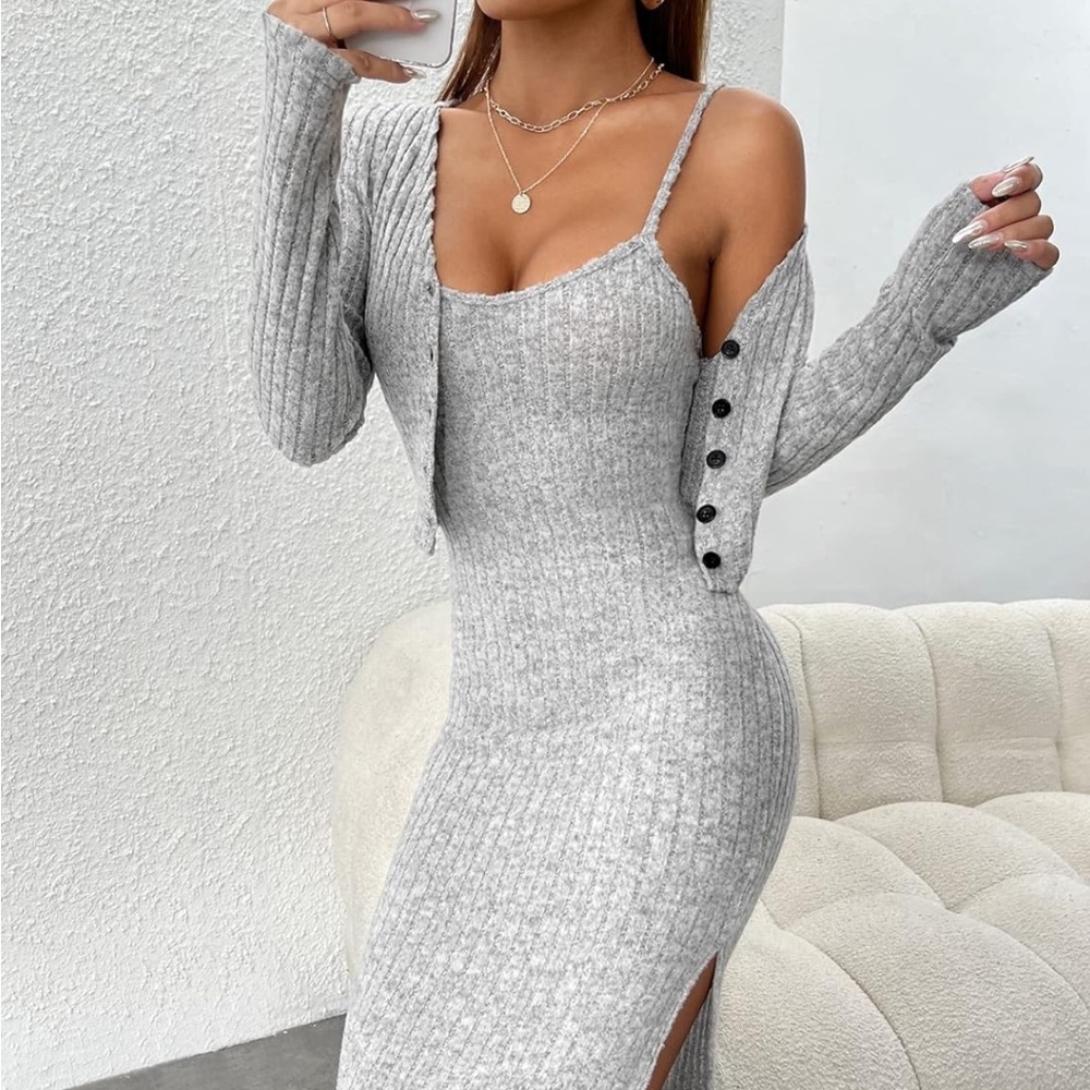 Women's Petite 2 Piece Set Rib Knit Split Thigh Cami Dress with Button Front Top - Picture 3 of 15